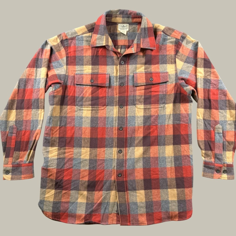 L.L. Bean Flannel Shirt Men L Orange Plaid Traditional Fit Cotton Outdoor 277981